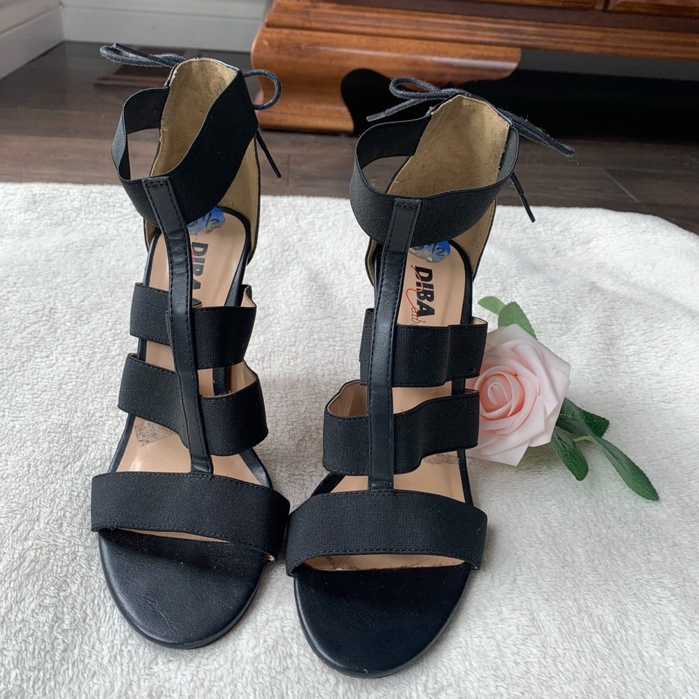Diba black strappy lace back heels